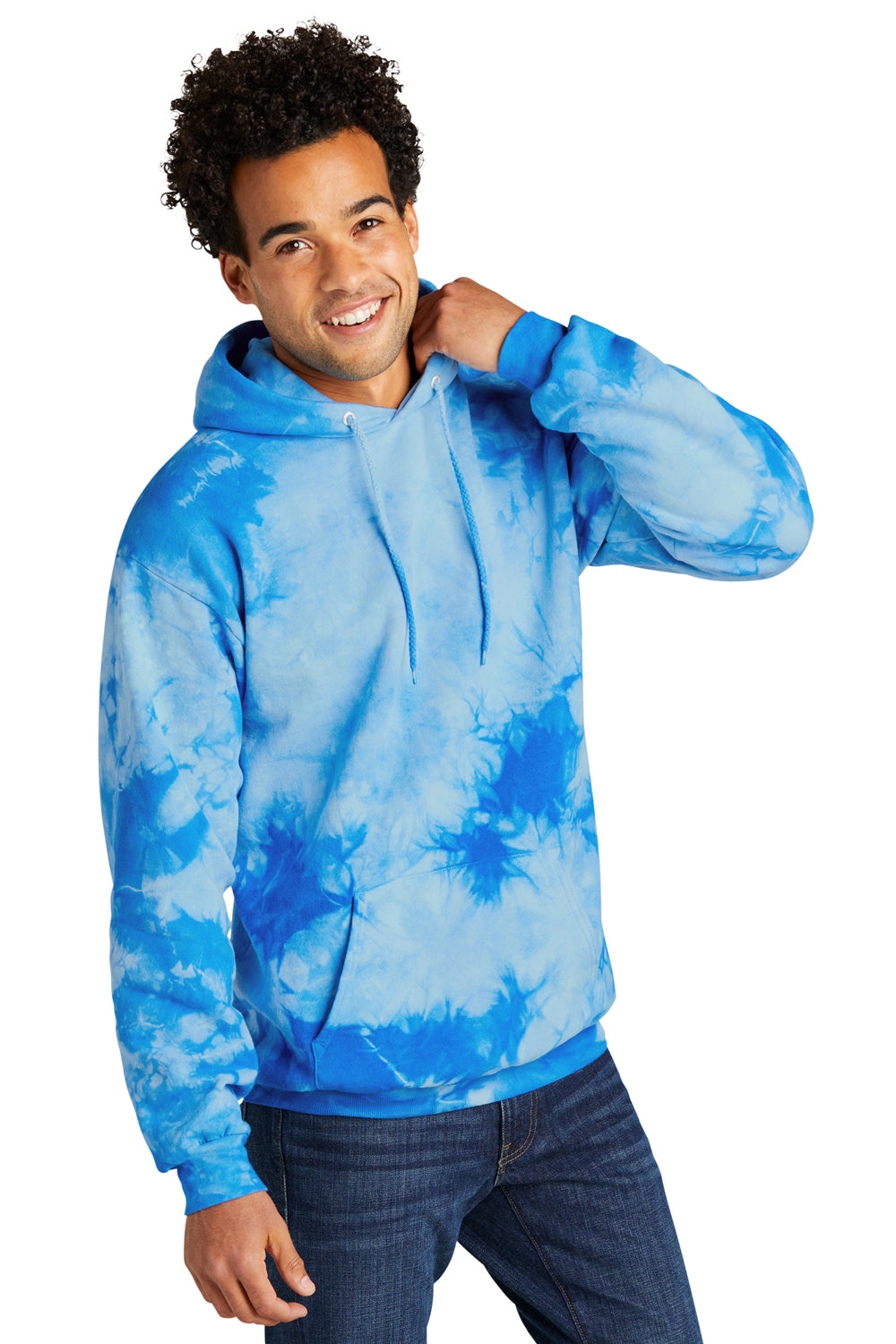 Port & Company PC144 Mens Crystal Tie-Dye Hooded Sweatshirt Hoodie Sky Blue Model 3q