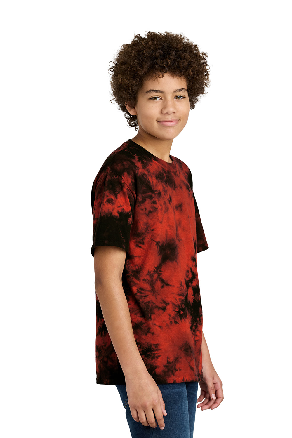 Port & Company PC145Y Youth Crystal Tie-Dye Short Sleeve Crewneck T-Shirt Black/Red Model Side