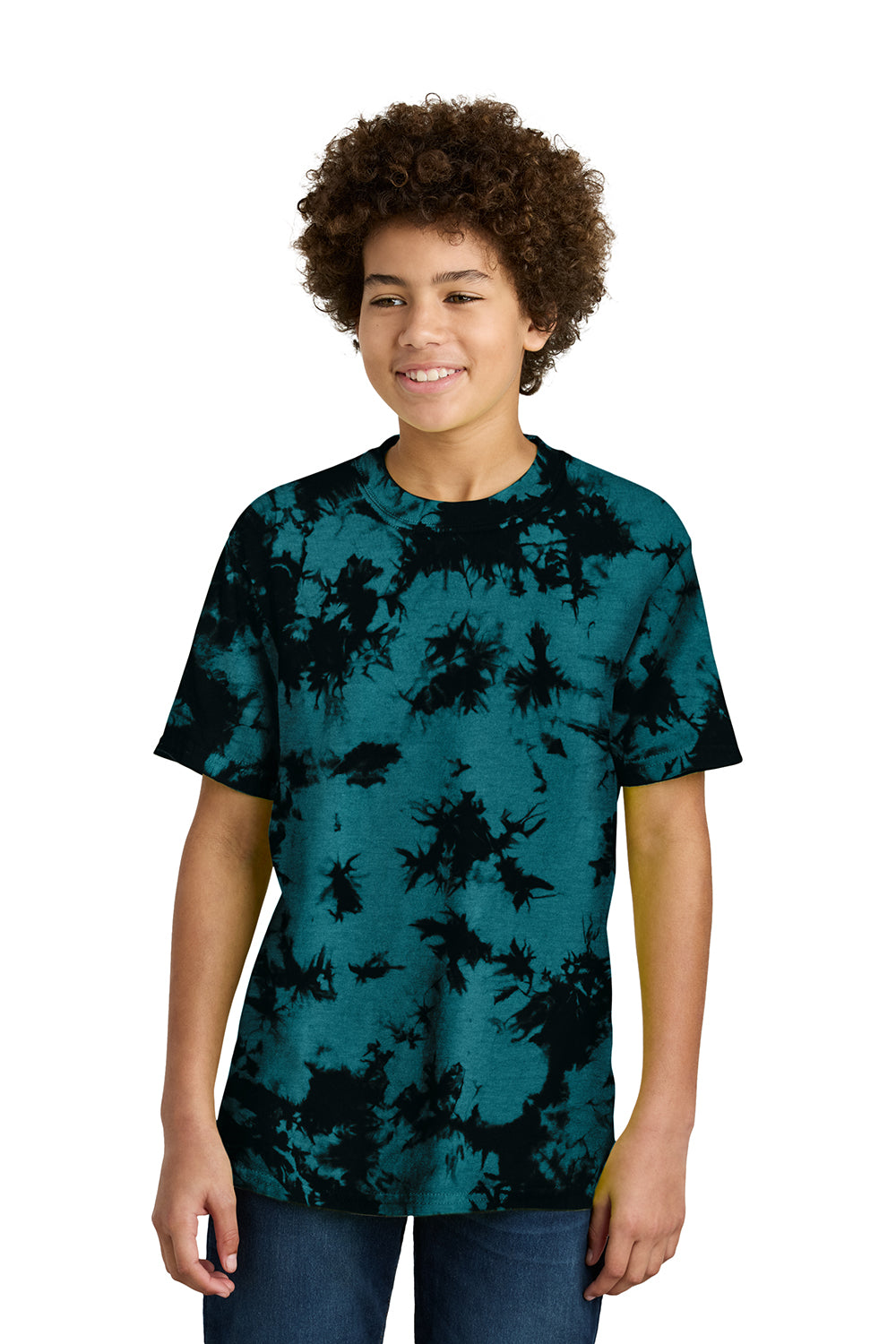 Port & Company PC145Y Youth Crystal Tie-Dye Short Sleeve Crewneck T-Shirt Black/Teal Model Front