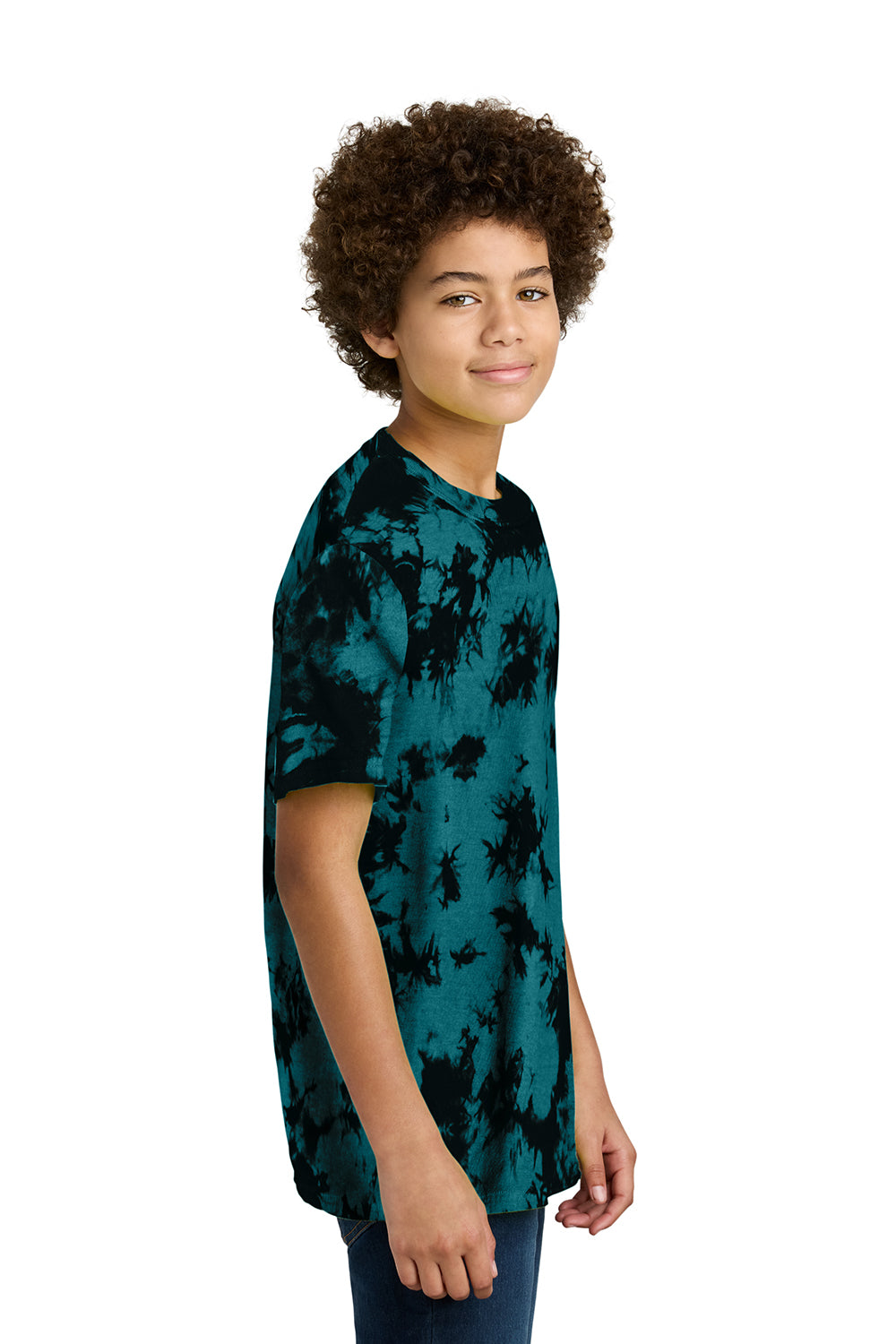 Port & Company PC145Y Youth Crystal Tie-Dye Short Sleeve Crewneck T-Shirt Black/Teal Model Side