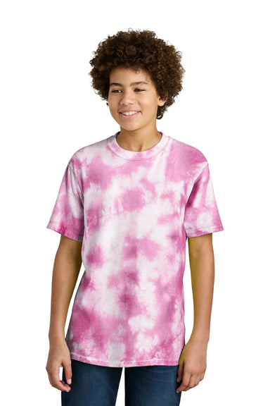 Port & Company PC145Y Youth Crystal Tie-Dye Short Sleeve Crewneck T-Shirt Bright Pink Model Front