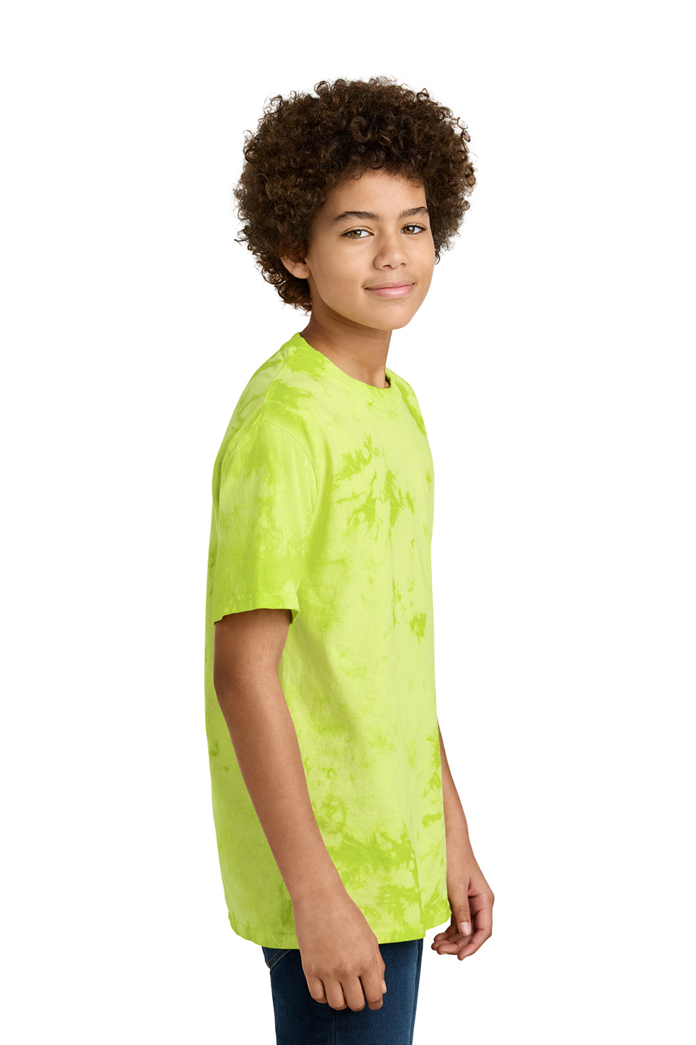 Port & Company PC145Y Youth Crystal Tie-Dye Short Sleeve Crewneck T-Shirt Lemon Lime Model Side