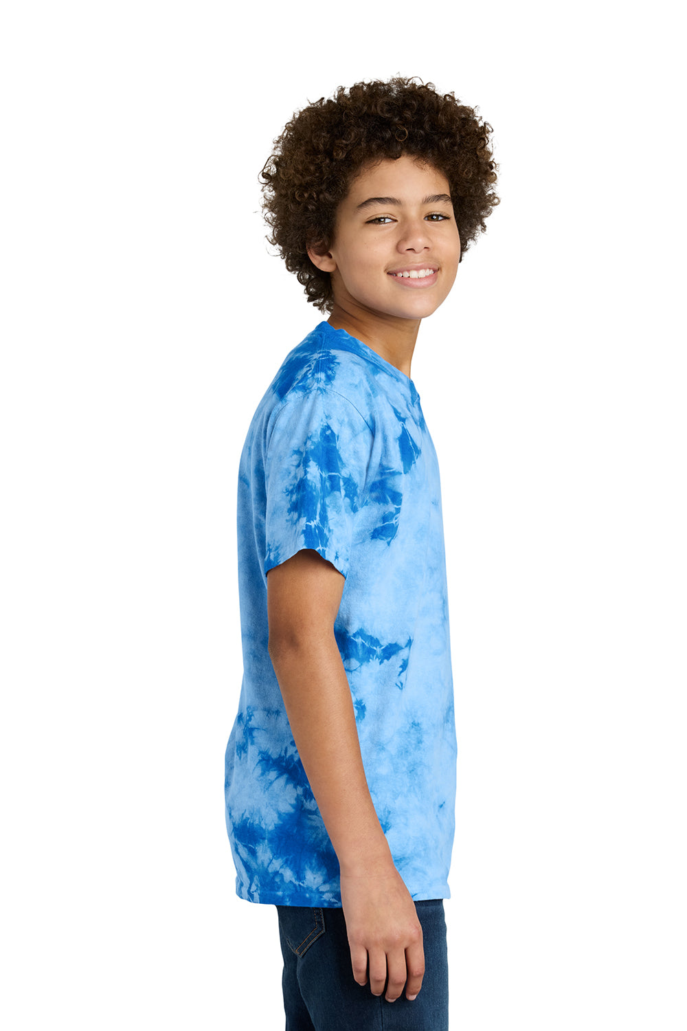 Port & Company PC145Y Youth Crystal Tie-Dye Short Sleeve Crewneck T-Shirt Sky Blue Model Side