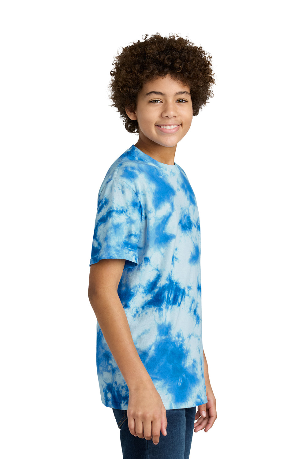 Port & Company PC145Y Youth Crystal Tie-Dye Short Sleeve Crewneck T-Shirt True Royal Blue Model Side