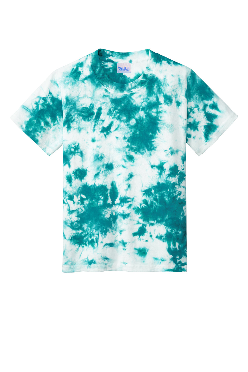 Port & Company PC145Y Youth Crystal Tie-Dye Short Sleeve Crewneck T-Shirt Teal Blue Flat Front