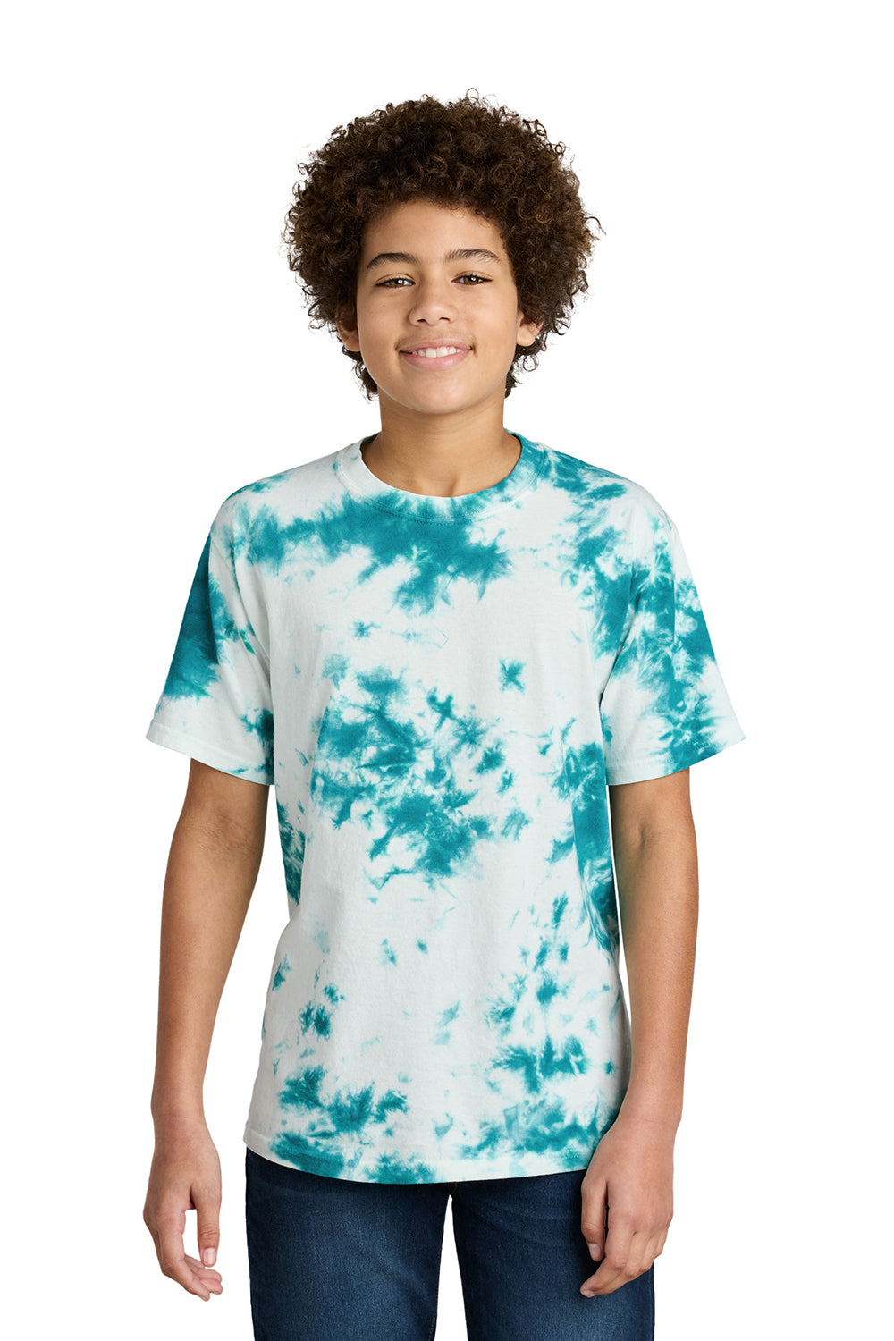 Port & Company PC145Y Youth Crystal Tie-Dye Short Sleeve Crewneck T-Shirt Teal Blue Model Front