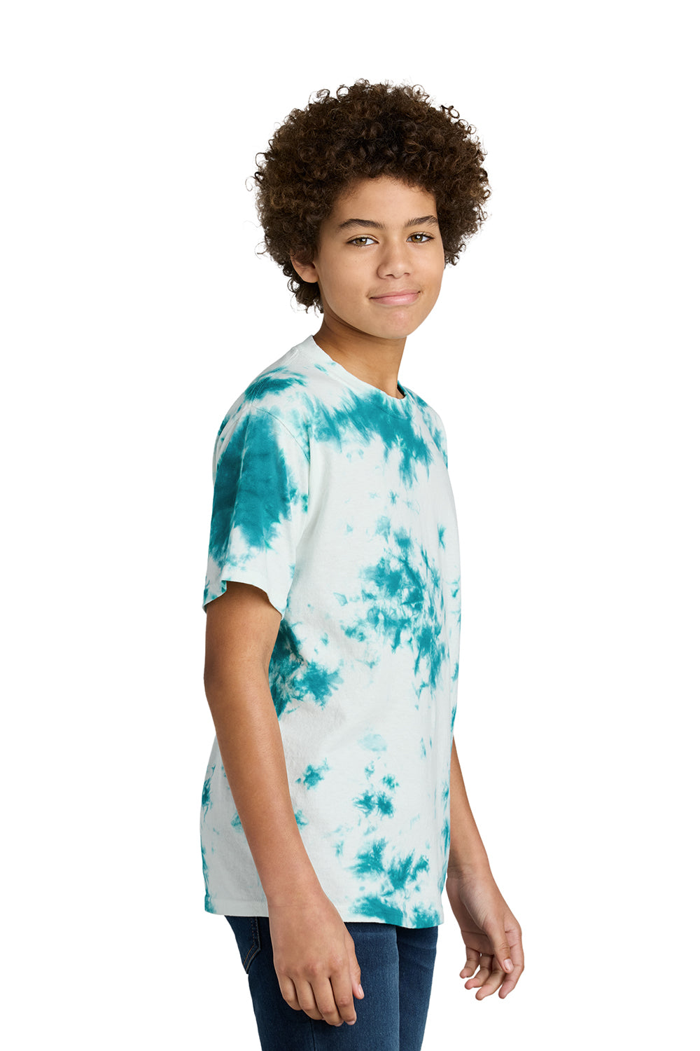 Port & Company PC145Y Youth Crystal Tie-Dye Short Sleeve Crewneck T-Shirt Teal Blue Model Side