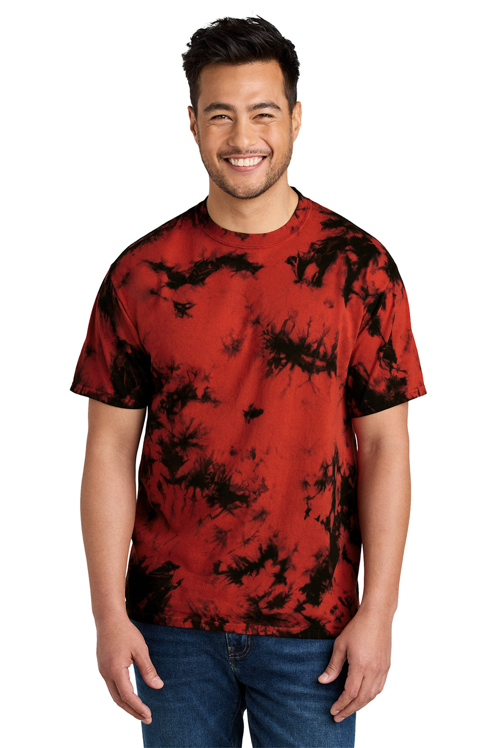 Port & Company PC145 Mens Crystal Tie-Dye Short Sleeve Crewneck T-Shirt Black/Red Model Front