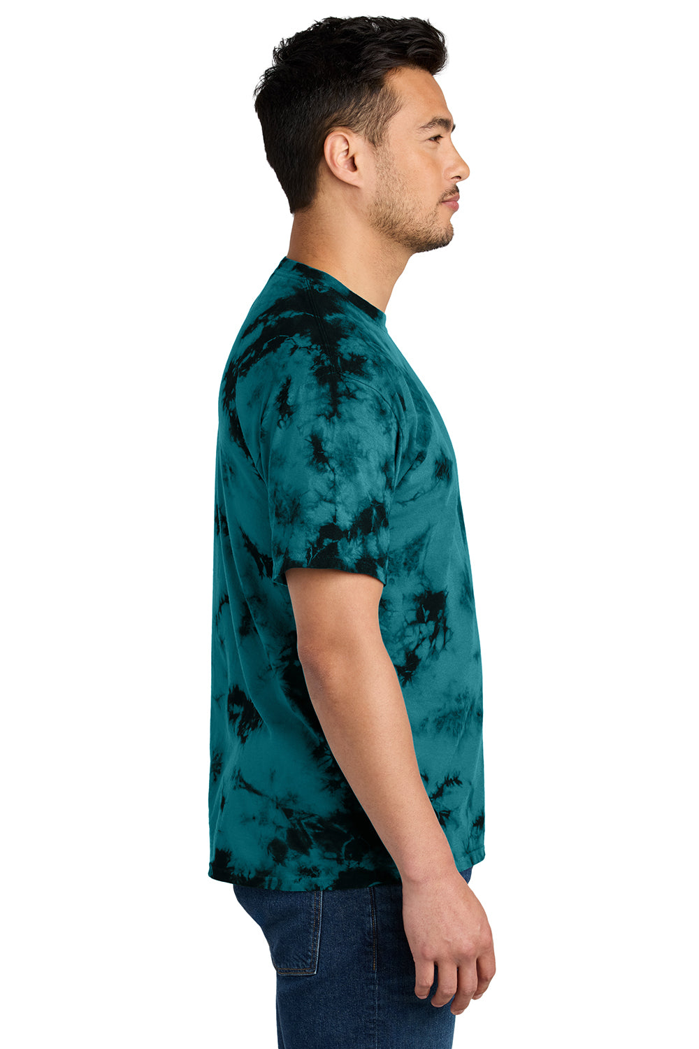 Port & Company PC145 Mens Crystal Tie-Dye Short Sleeve Crewneck T-Shirt Black/Teal Model Side