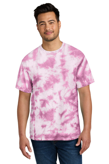 Port & Company PC145 Mens Crystal Tie-Dye Short Sleeve Crewneck T-Shirt Bright Pink Model Front