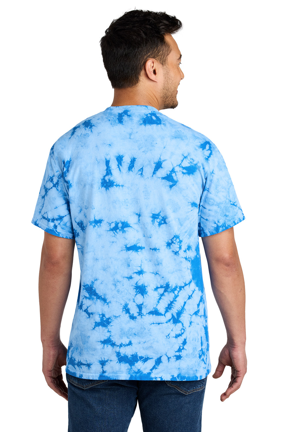 Port & Company PC145 Mens Crystal Tie-Dye Short Sleeve Crewneck T-Shirt Sky Blue Model Back