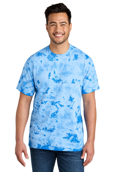 Port & Company PC145 Mens Crystal Tie-Dye Short Sleeve Crewneck T-Shirt Sky Blue Model Front