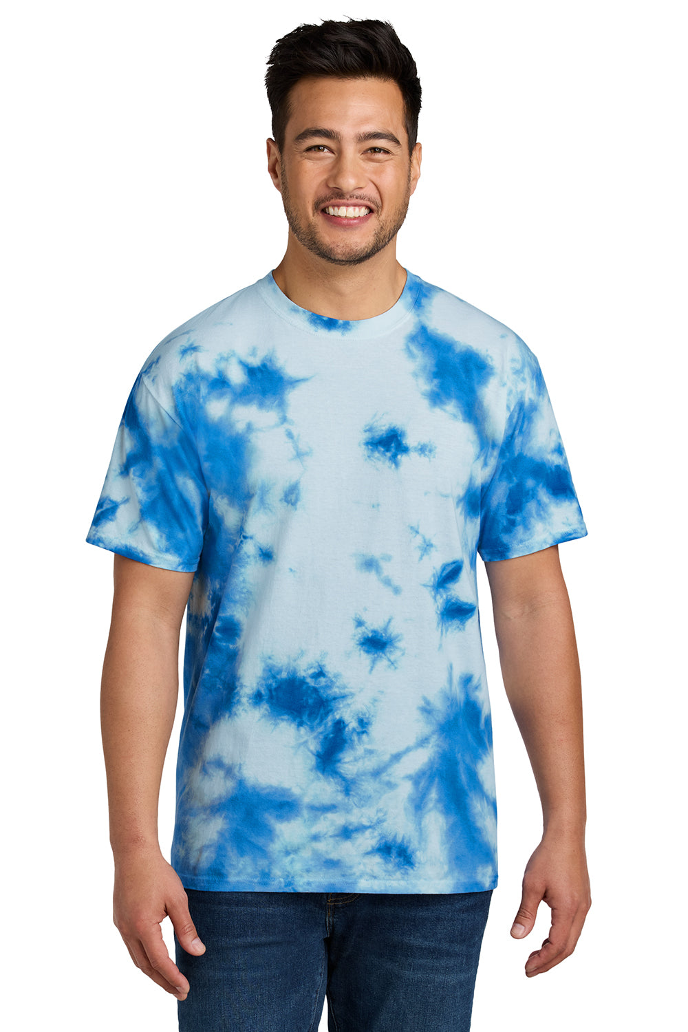 Port & Company PC145 Mens Crystal Tie-Dye Short Sleeve Crewneck T-Shirt True Royal Blue Model Front