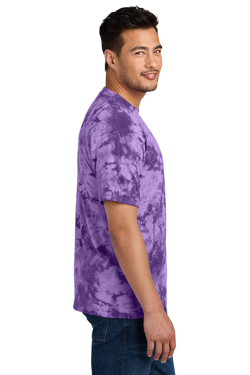 Port & Company PC145 Mens Crystal Tie-Dye Short Sleeve Crewneck T-Shirt Purple Model Side