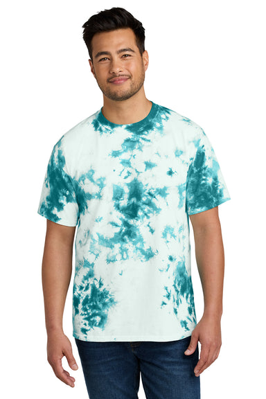 Port & Company PC145 Mens Crystal Tie-Dye Short Sleeve Crewneck T-Shirt Teal Blue Model Front