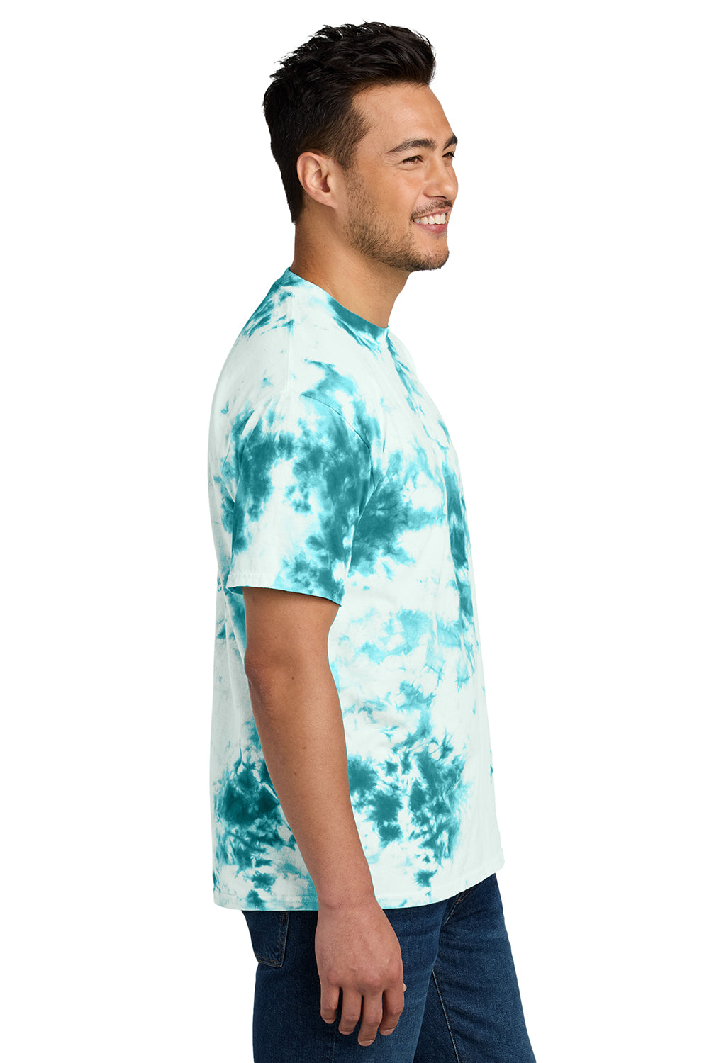 Port & Company PC145 Mens Crystal Tie-Dye Short Sleeve Crewneck T-Shirt Teal Blue Model Side