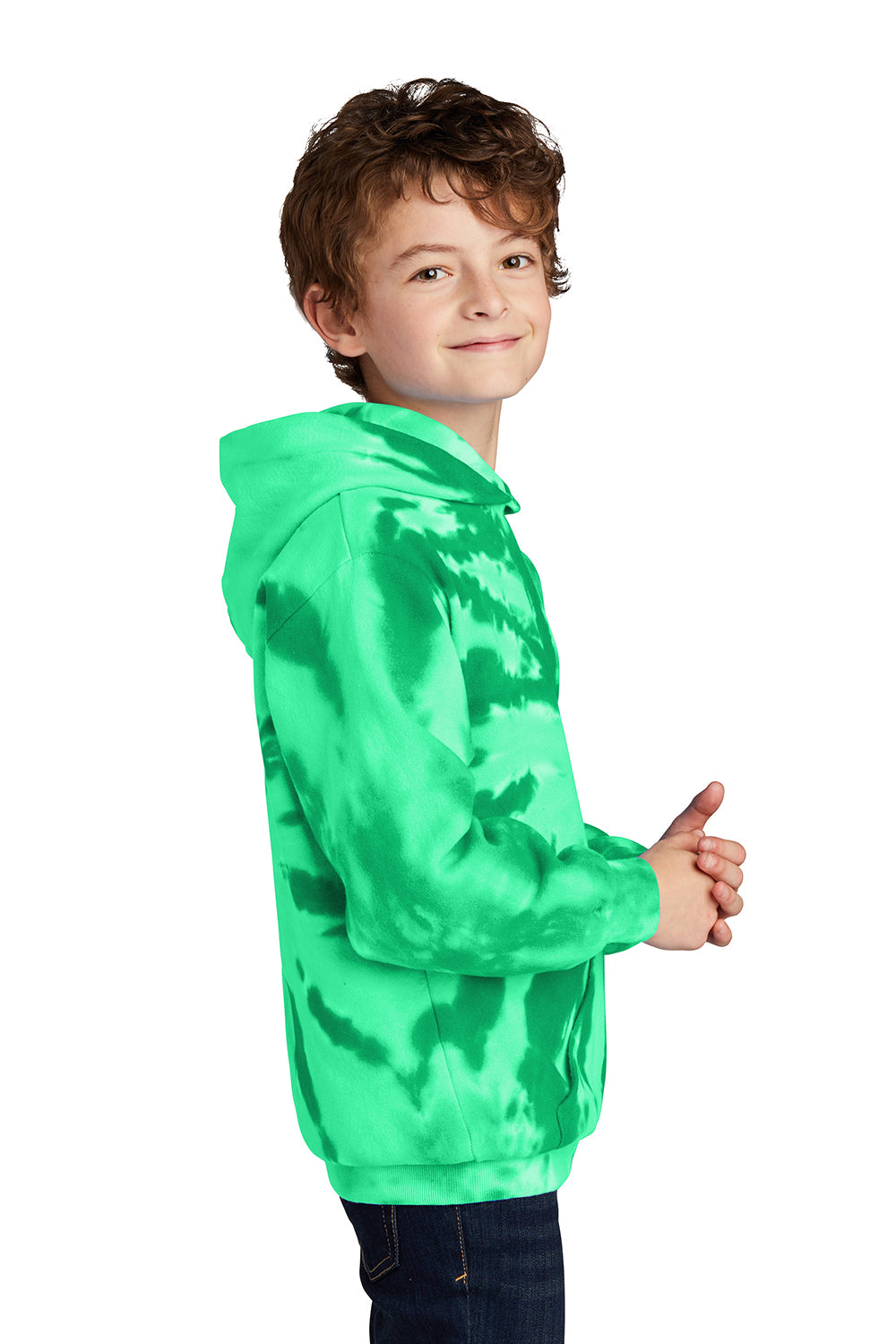 Port & Company PC146Y Youth Tie-Dye Fleece Hooded Sweatshirt Hoodie Kelly Green Model Side