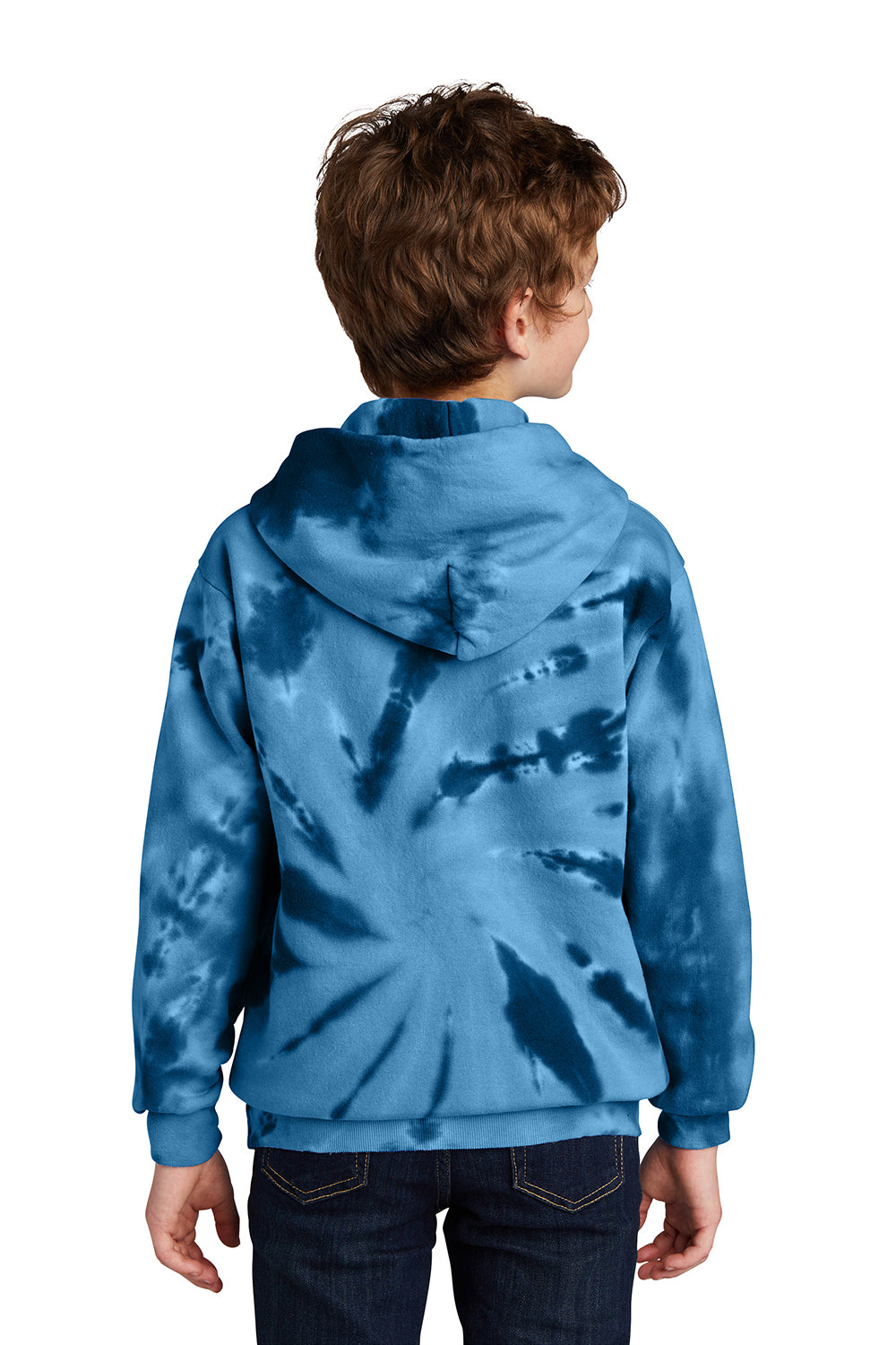 Port & Company PC146Y Youth Tie-Dye Fleece Hooded Sweatshirt Hoodie Navy Blue Model Back