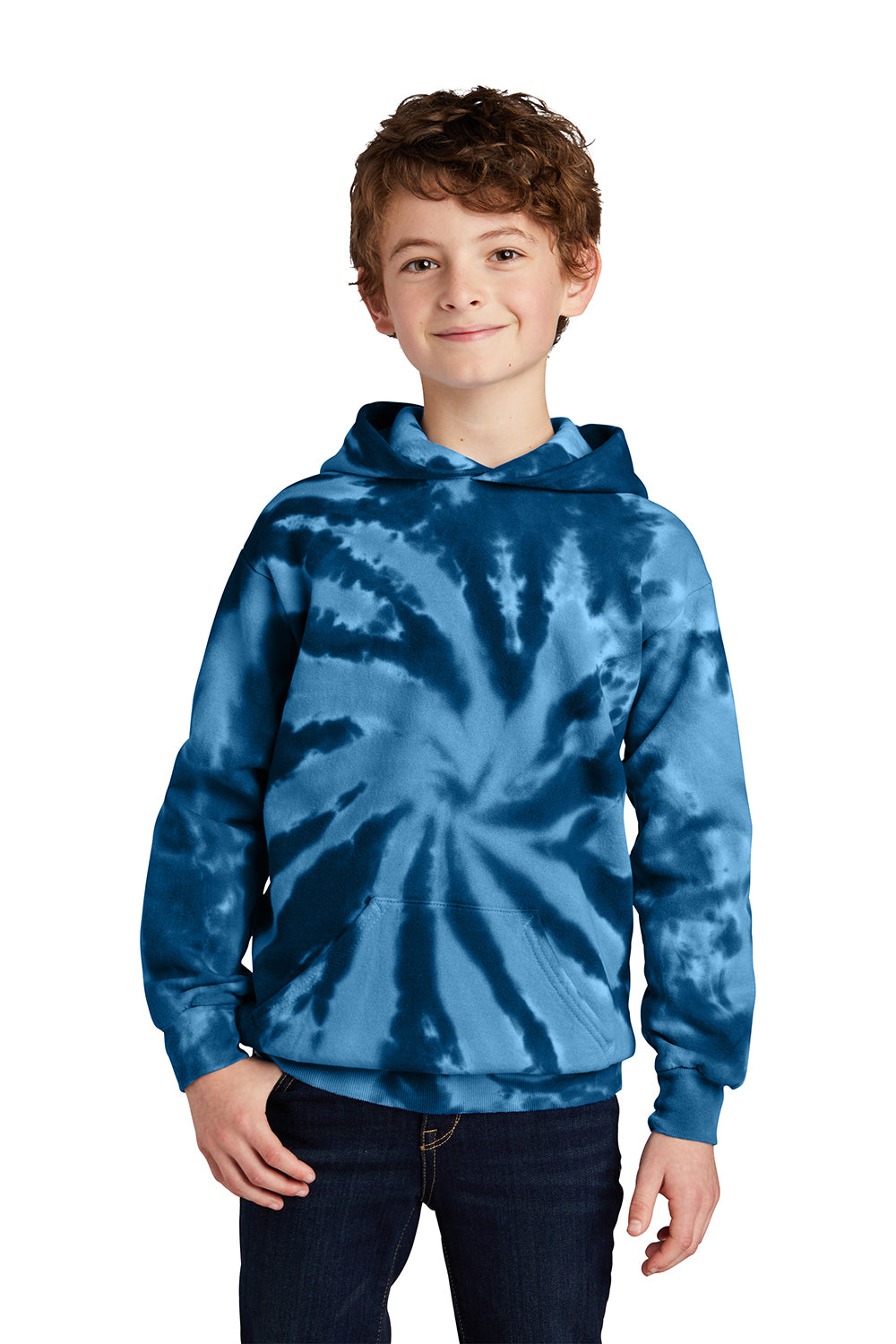 Port & Company PC146Y Youth Tie-Dye Fleece Hooded Sweatshirt Hoodie Navy Blue Model Front