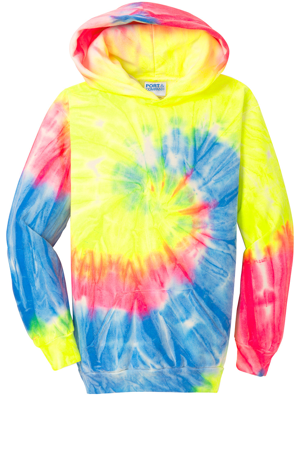 Port & Company PC146Y Youth Tie-Dye Fleece Hooded Sweatshirt Hoodie Neon Rainbow Flat Front