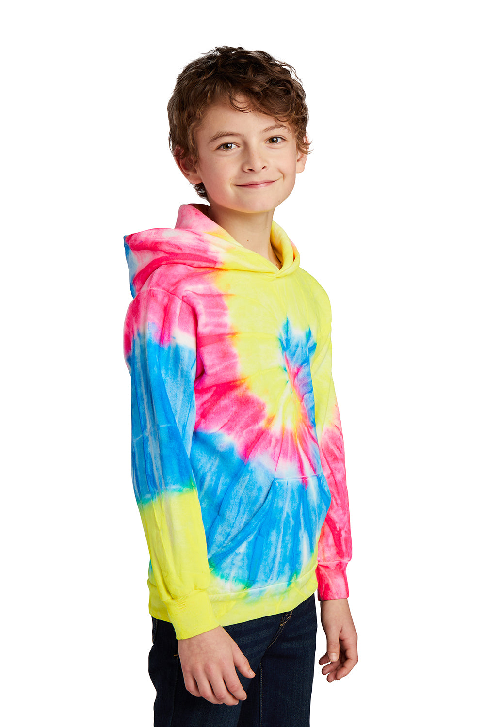 Port & Company PC146Y Youth Tie-Dye Fleece Hooded Sweatshirt Hoodie Neon Rainbow Model 3q