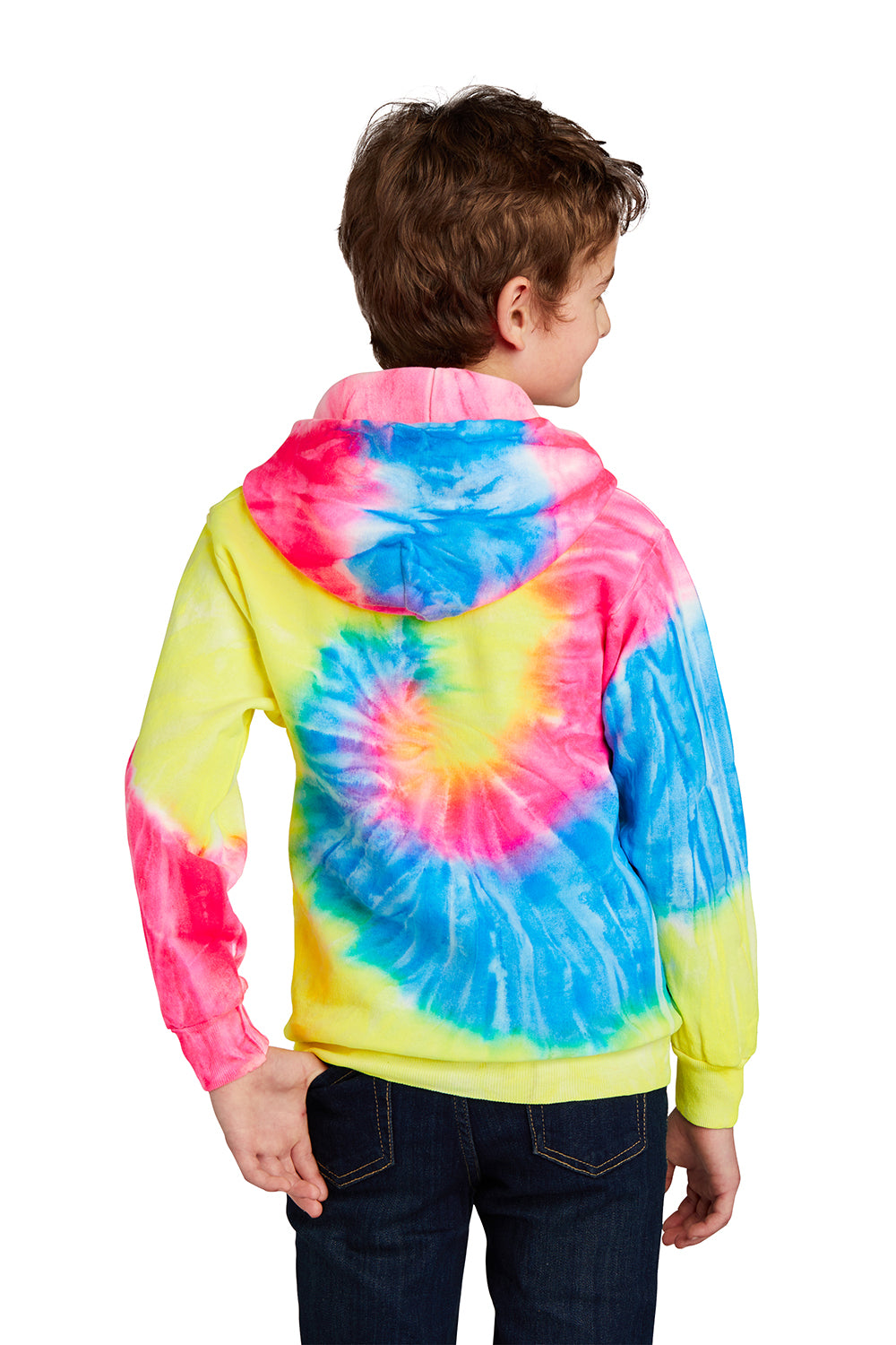 Port & Company PC146Y Youth Tie-Dye Fleece Hooded Sweatshirt Hoodie Neon Rainbow Model Back