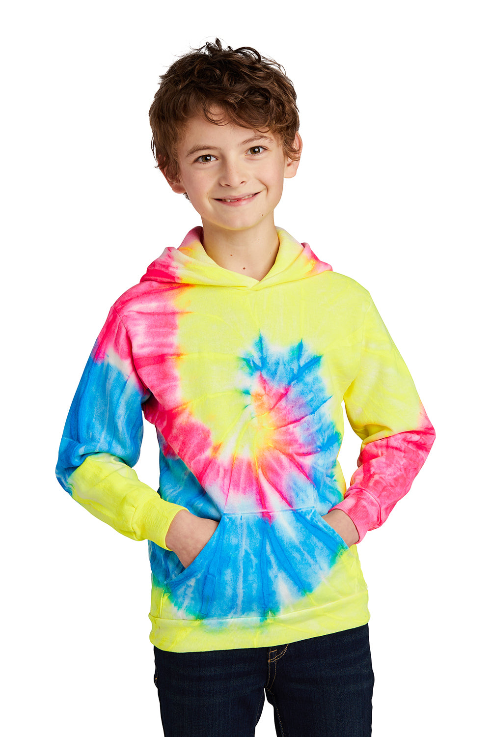 Port & Company PC146Y Youth Tie-Dye Fleece Hooded Sweatshirt Hoodie Neon Rainbow Model Front