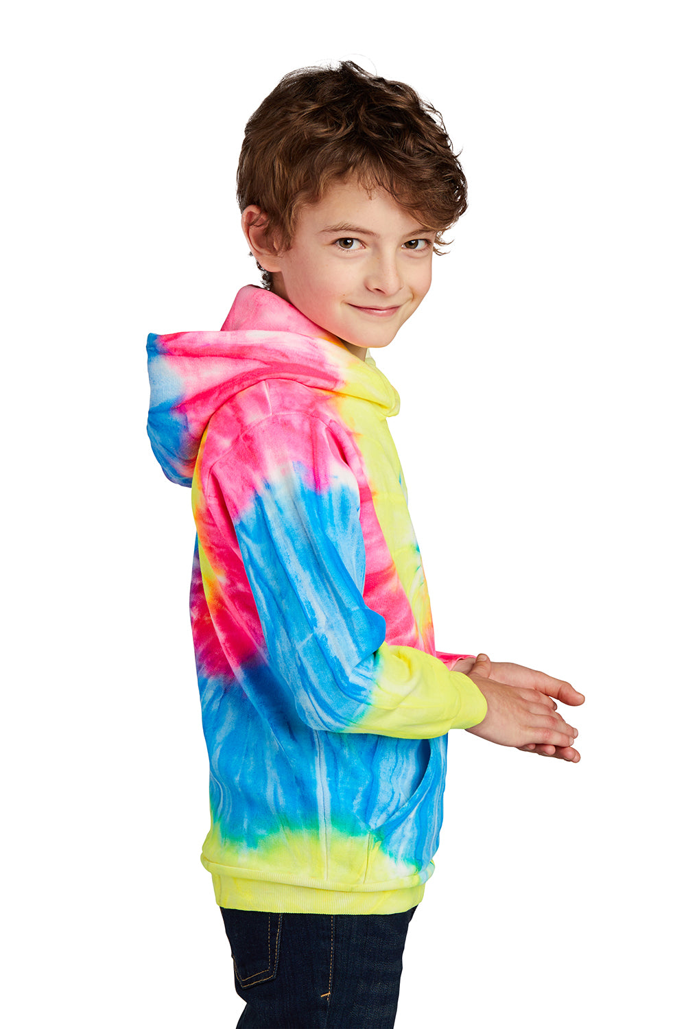 Port & Company PC146Y Youth Tie-Dye Fleece Hooded Sweatshirt Hoodie Neon Rainbow Model Side