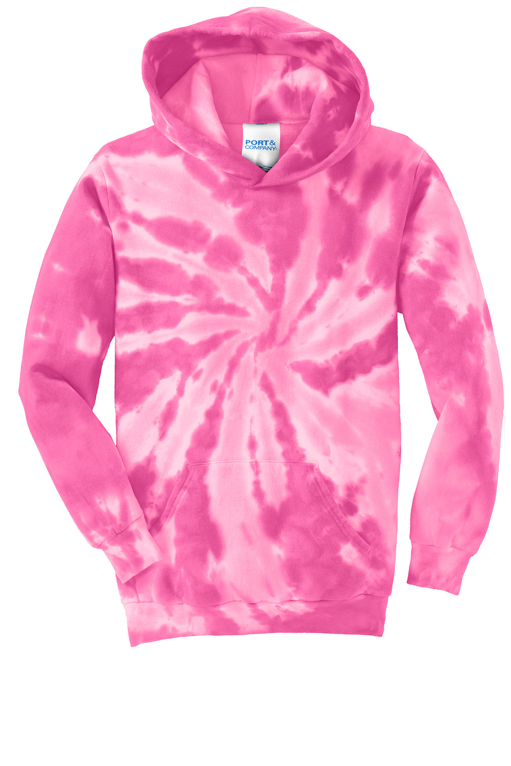 Port & Company PC146Y Youth Tie-Dye Fleece Hooded Sweatshirt Hoodie Pink Flat Front