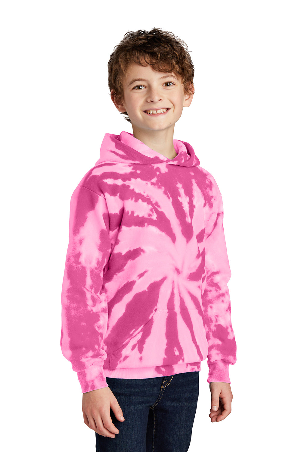 Port & Company PC146Y Youth Tie-Dye Fleece Hooded Sweatshirt Hoodie Pink Model 3q