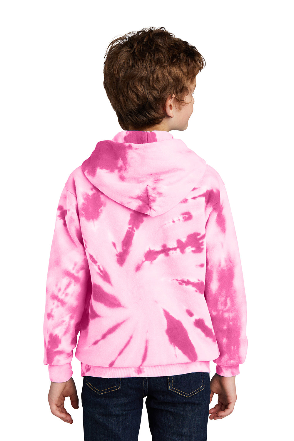 Port & Company PC146Y Youth Tie-Dye Fleece Hooded Sweatshirt Hoodie Pink Model Back