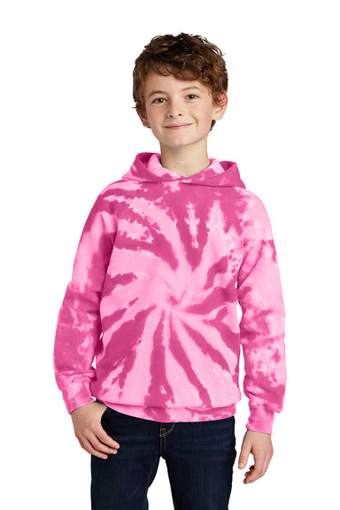 Port & Company PC146Y Youth Tie-Dye Fleece Hooded Sweatshirt Hoodie Pink Model Front