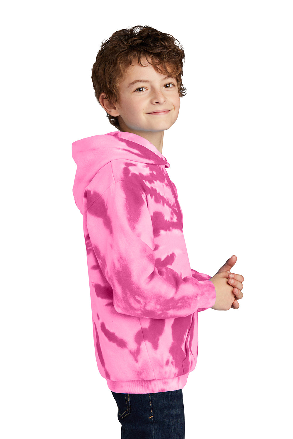 Port & Company PC146Y Youth Tie-Dye Fleece Hooded Sweatshirt Hoodie Pink Model Side