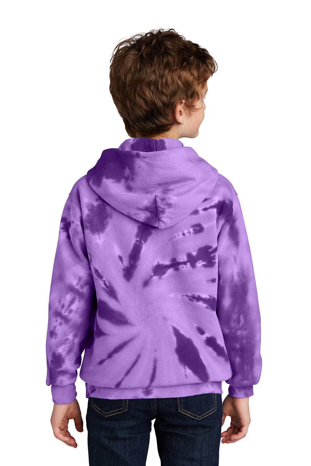 Port & Company PC146Y Youth Tie-Dye Fleece Hooded Sweatshirt Hoodie Purple Model Back