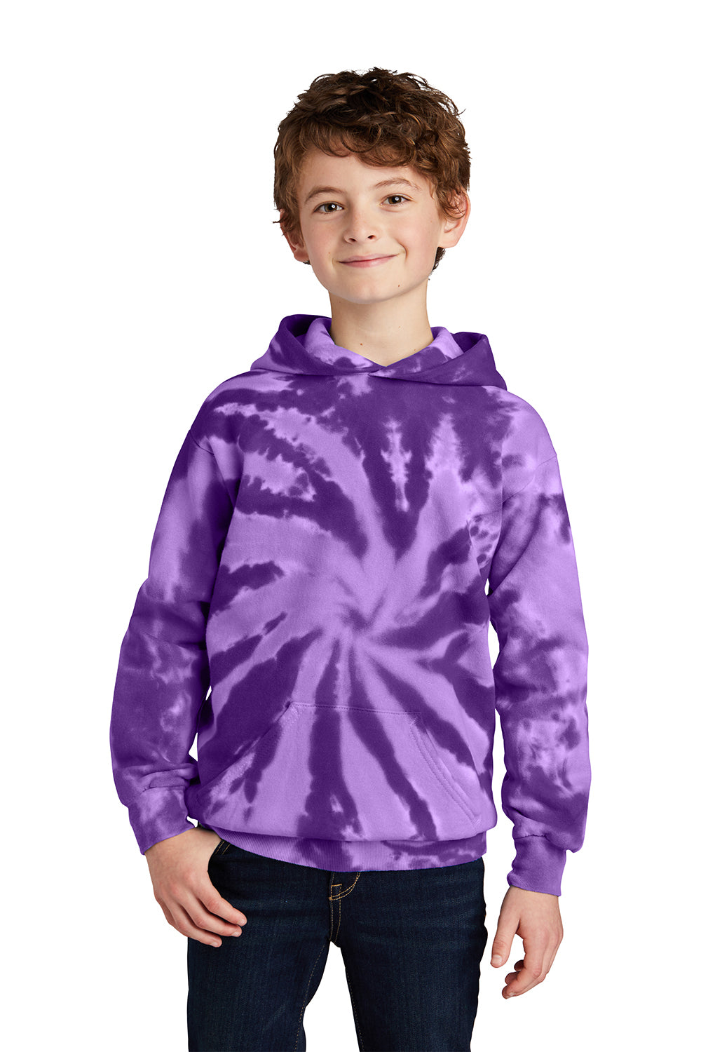 Port & Company PC146Y Youth Tie-Dye Fleece Hooded Sweatshirt Hoodie Purple Model Front