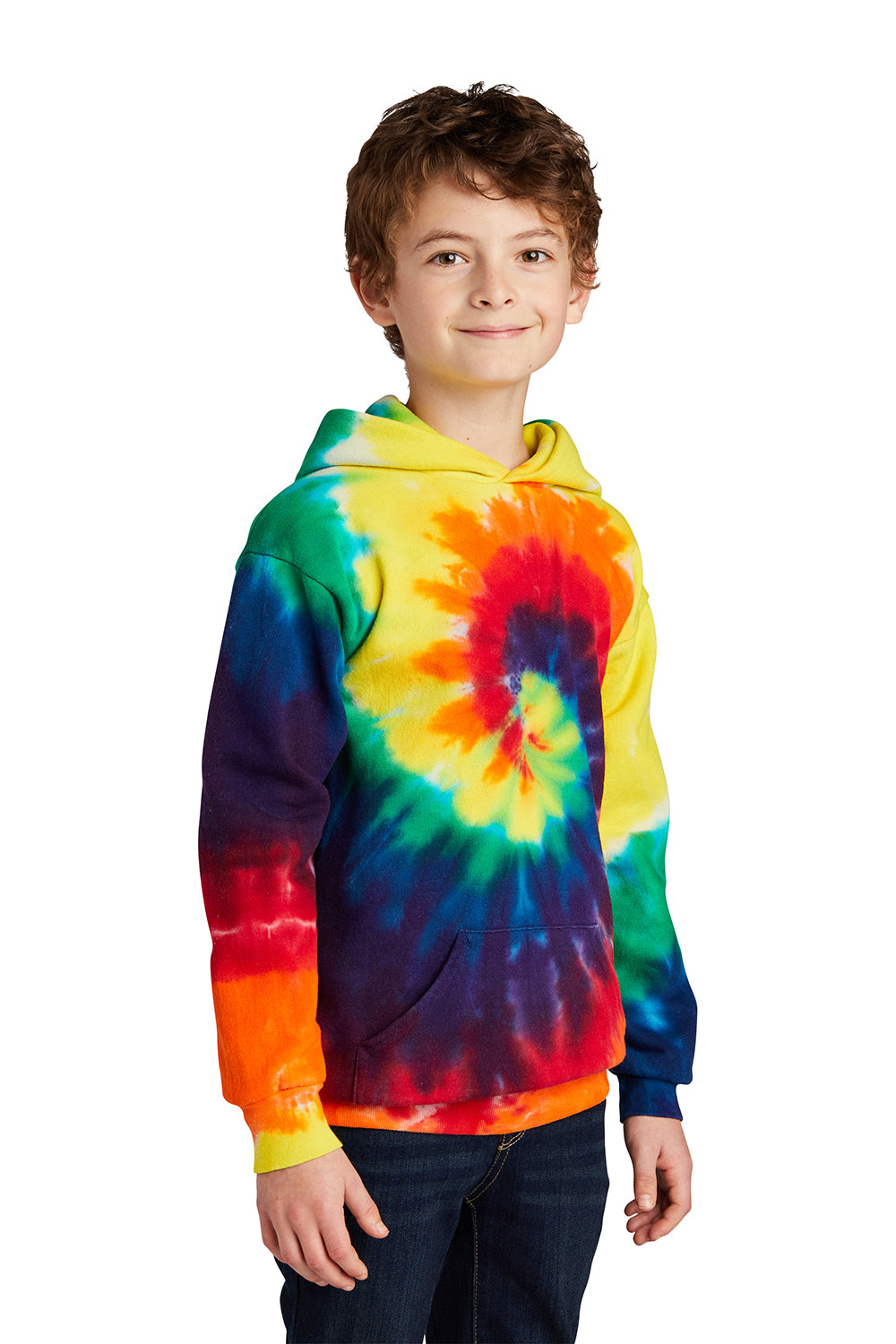 Port & Company PC146Y Youth Tie-Dye Fleece Hooded Sweatshirt Hoodie Rainbow Model 3q