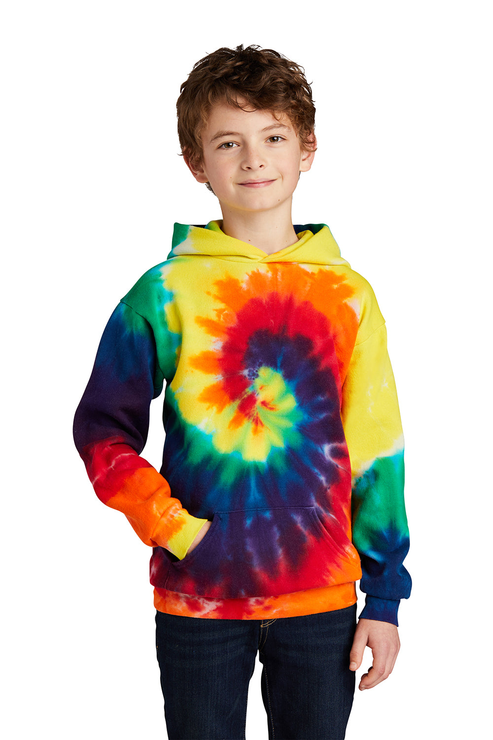 Port & Company PC146Y Youth Tie-Dye Fleece Hooded Sweatshirt Hoodie Rainbow Model Front