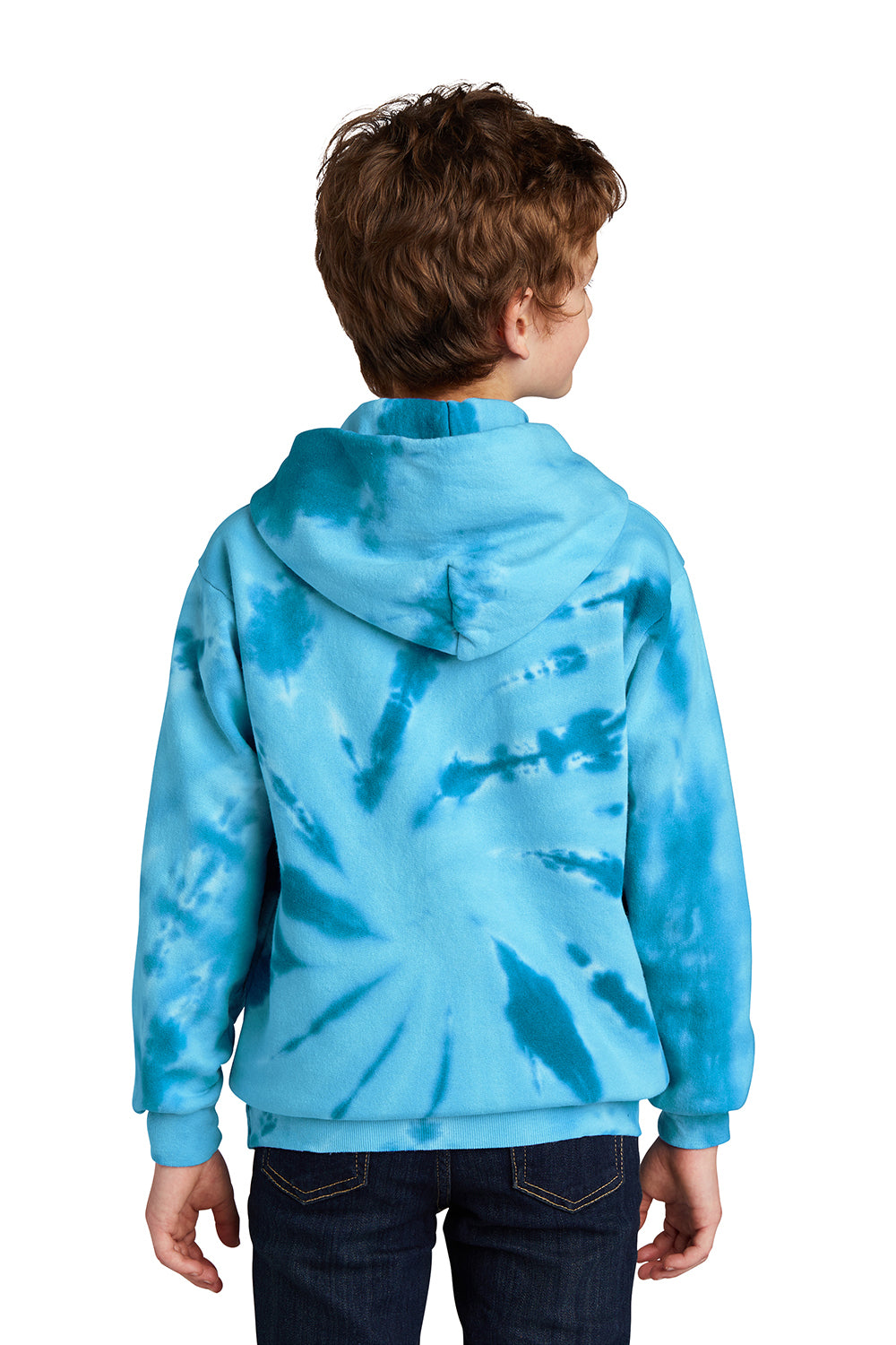 Port & Company PC146Y Youth Tie-Dye Fleece Hooded Sweatshirt Hoodie Turquoise Blue Model Back