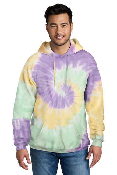 Port & Company PC146 Mens Tie-Dye Fleece Hooded Sweatshirt Hoodie Mint Rainbow Model Front