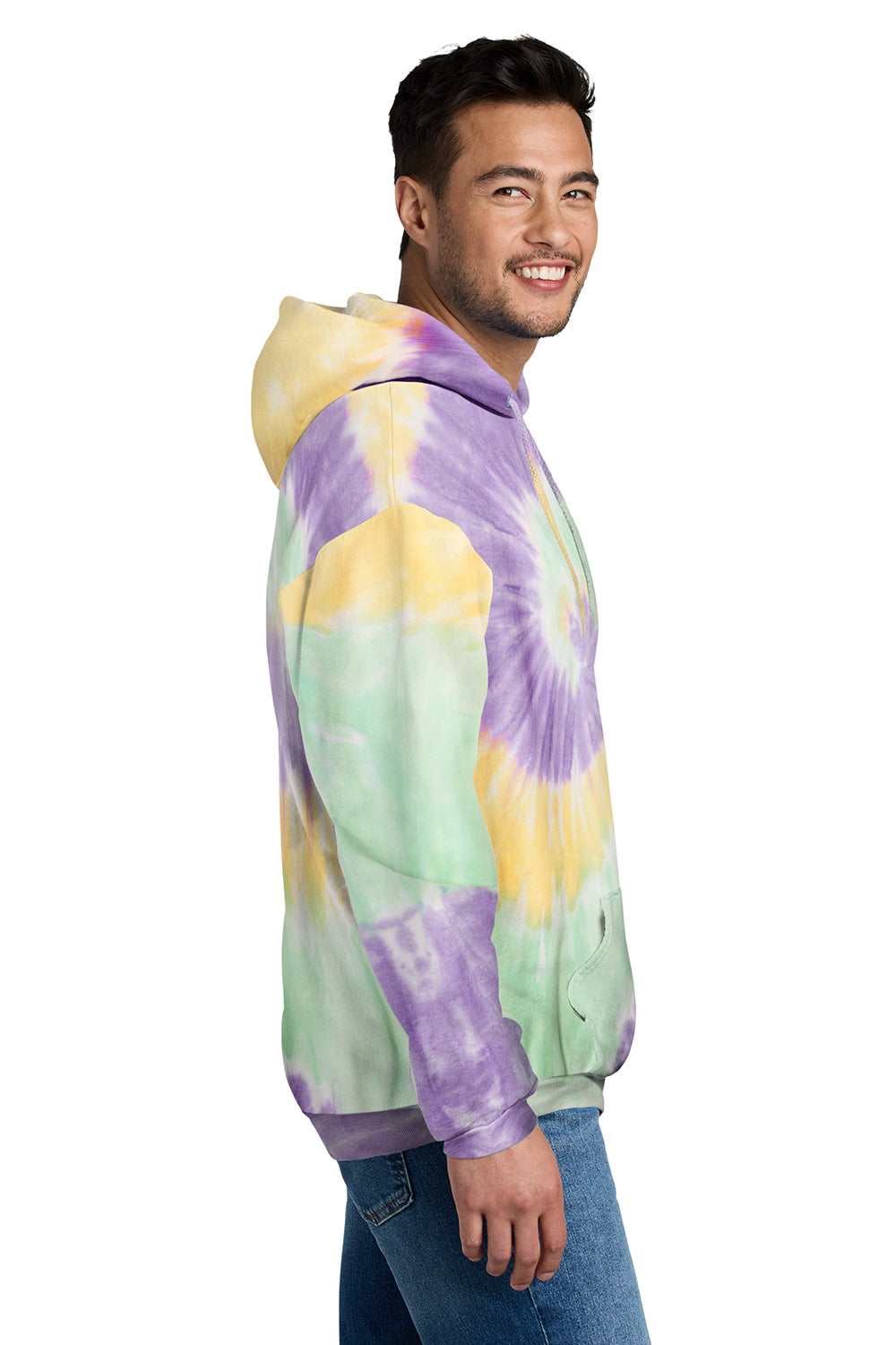 Port & Company PC146 Mens Tie-Dye Fleece Hooded Sweatshirt Hoodie Mint Rainbow Model Side