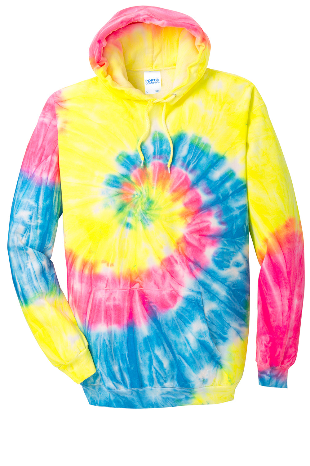 Port & Company PC146 Mens Tie-Dye Fleece Hooded Sweatshirt Hoodie Neon Rainbow Flat Front