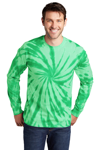 Port & Company PC147LS Mens Tie-Dye Long Sleeve Crewneck T-Shirt Kelly Green Model Front