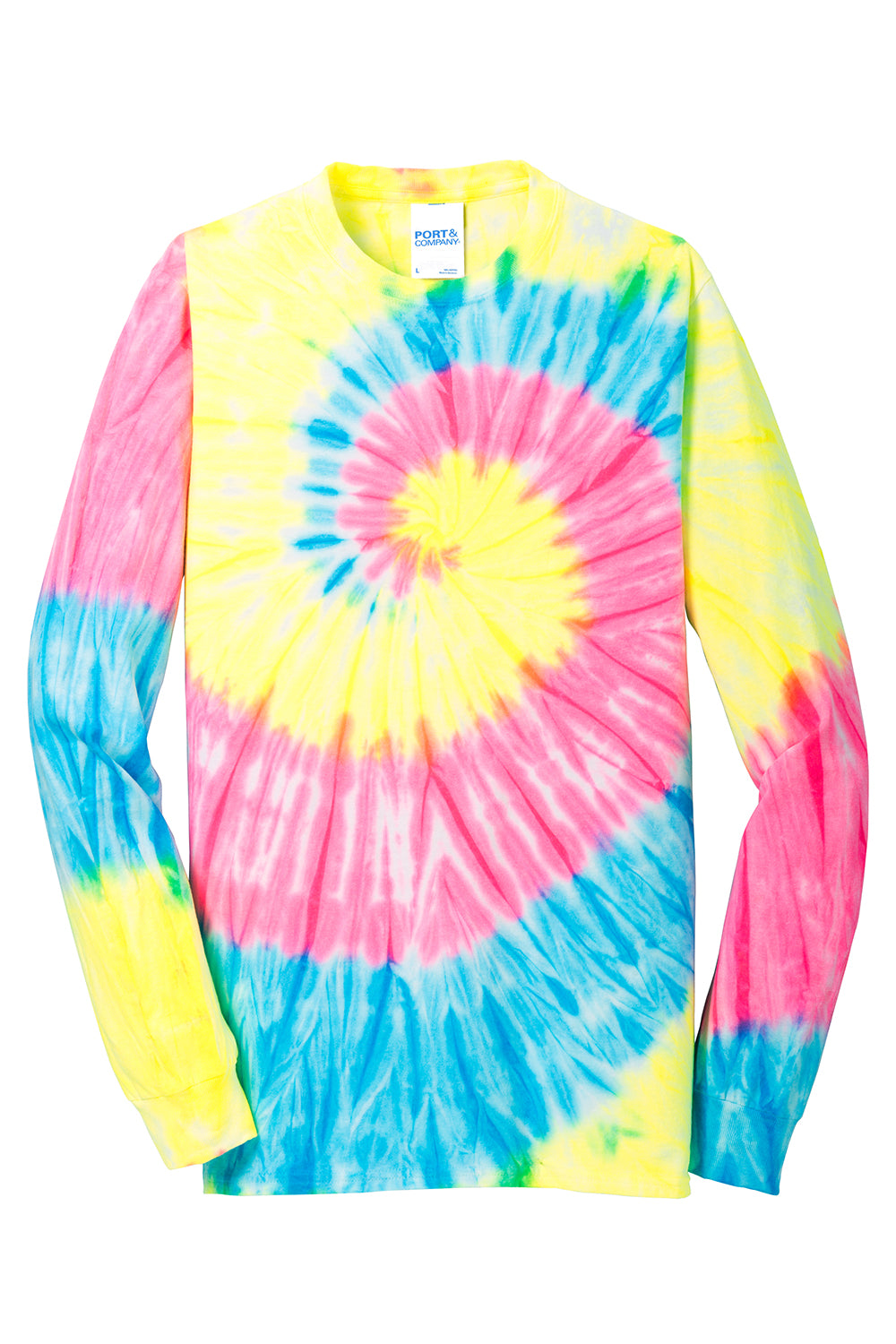 Port & Company PC147LS Mens Tie-Dye Long Sleeve Crewneck T-Shirt Neon Rainbow Flat Front