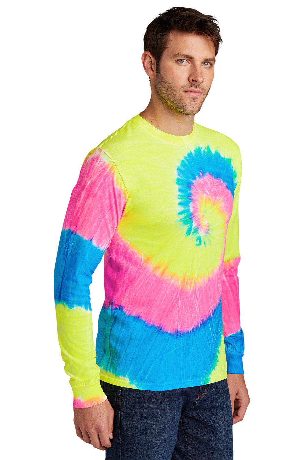 Port & Company PC147LS Mens Tie-Dye Long Sleeve Crewneck T-Shirt Neon Rainbow Model 3q