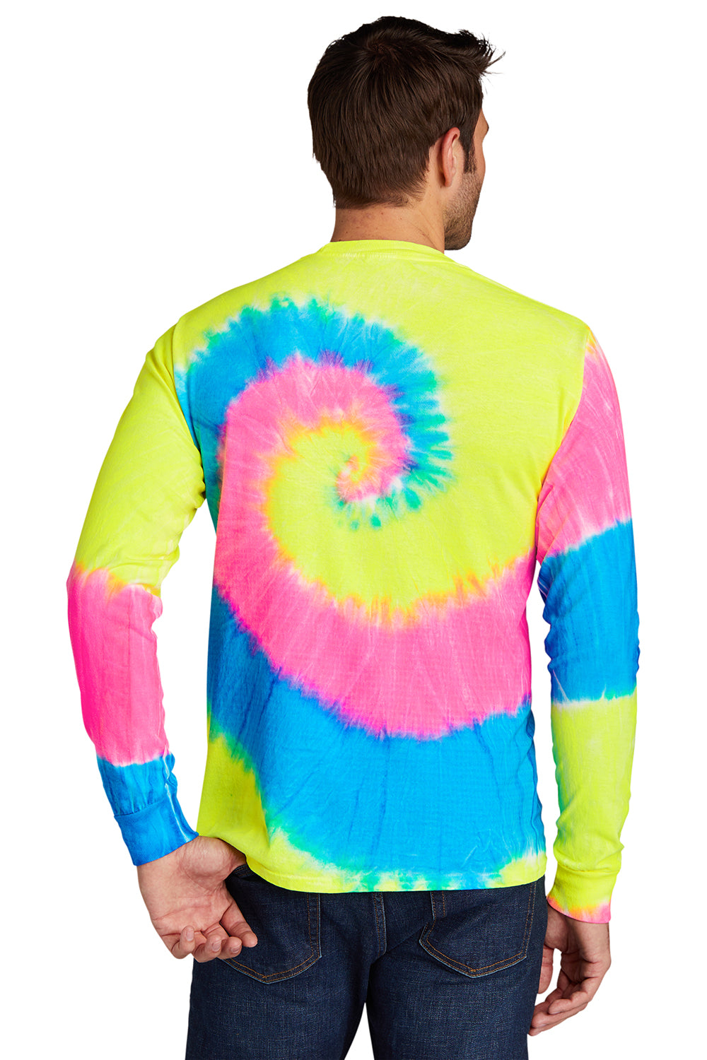 Port & Company PC147LS Mens Tie-Dye Long Sleeve Crewneck T-Shirt Neon Rainbow Model Back