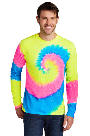 Port & Company PC147LS Mens Tie-Dye Long Sleeve Crewneck T-Shirt Neon Rainbow Model Front