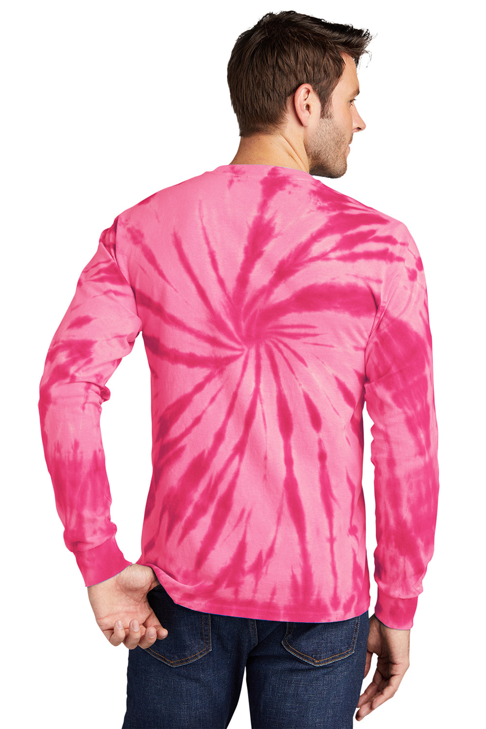 Port & Company PC147LS Mens Tie-Dye Long Sleeve Crewneck T-Shirt Pink Model Back