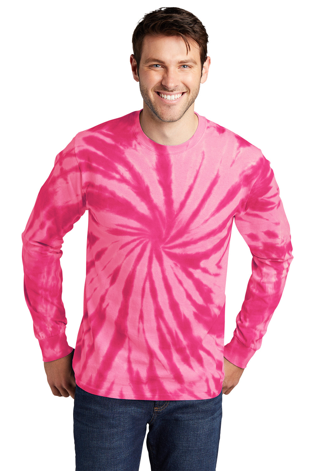 Port & Company PC147LS Mens Tie-Dye Long Sleeve Crewneck T-Shirt Pink Model Front