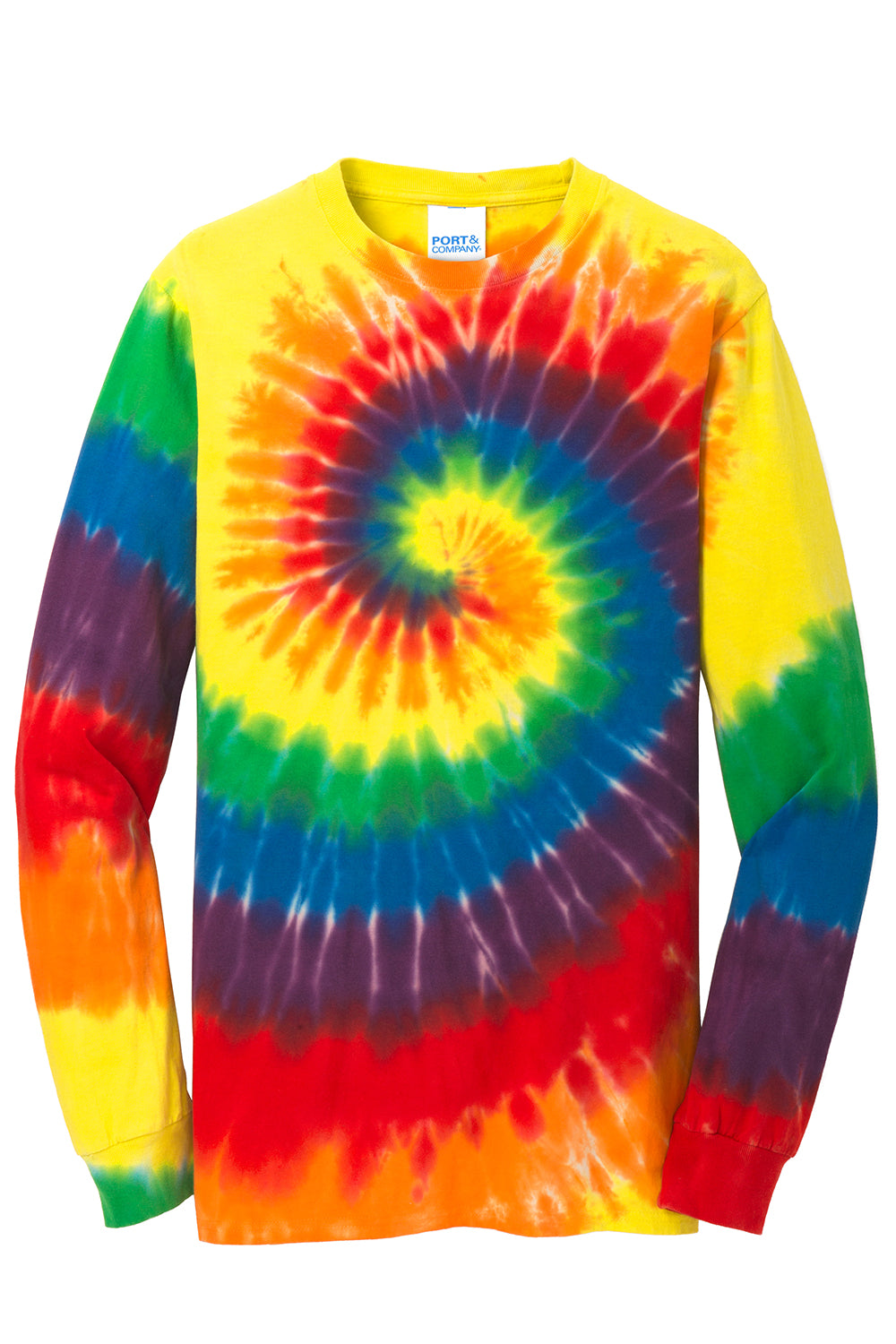 Port & Company PC147LS Mens Tie-Dye Long Sleeve Crewneck T-Shirt Rainbow Flat Front