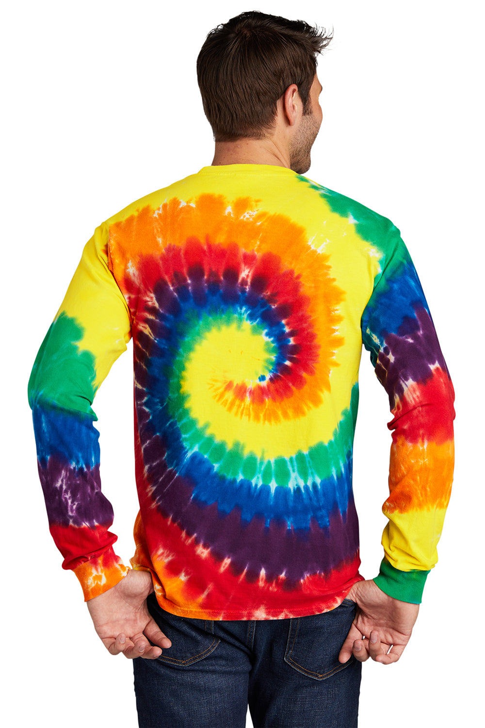 Port & Company PC147LS Mens Tie-Dye Long Sleeve Crewneck T-Shirt Rainbow Model Back